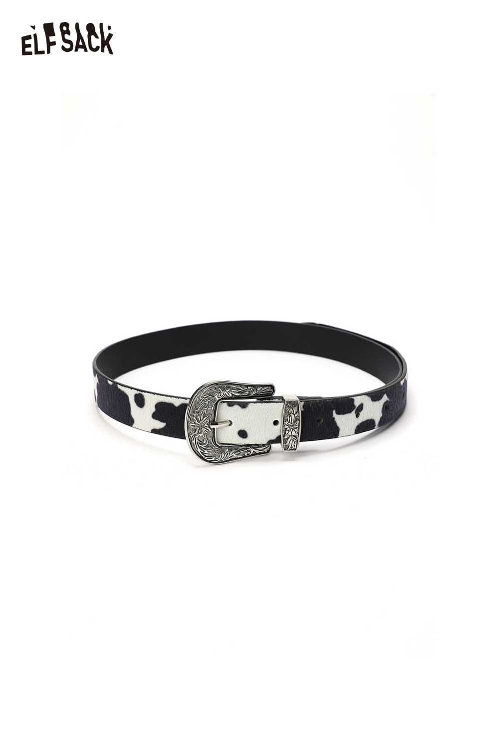 ELFSACK vegan leather cowhide pattern belt with a stylish metallic buckle for trendy outfits