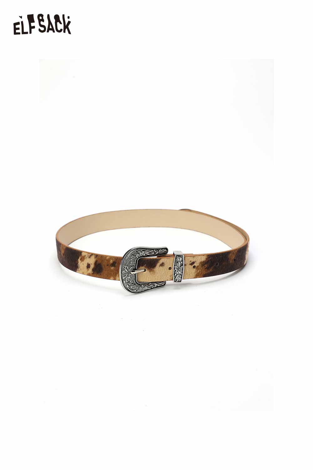 ELFSACK vegan leather cowhide pattern belt with a stylish silver buckle for a trendy look