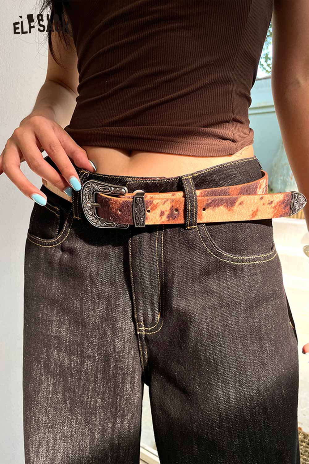 ELFSACK vegan leather cowhide pattern belt with a stylish buckle, perfect for enhancing your outfit