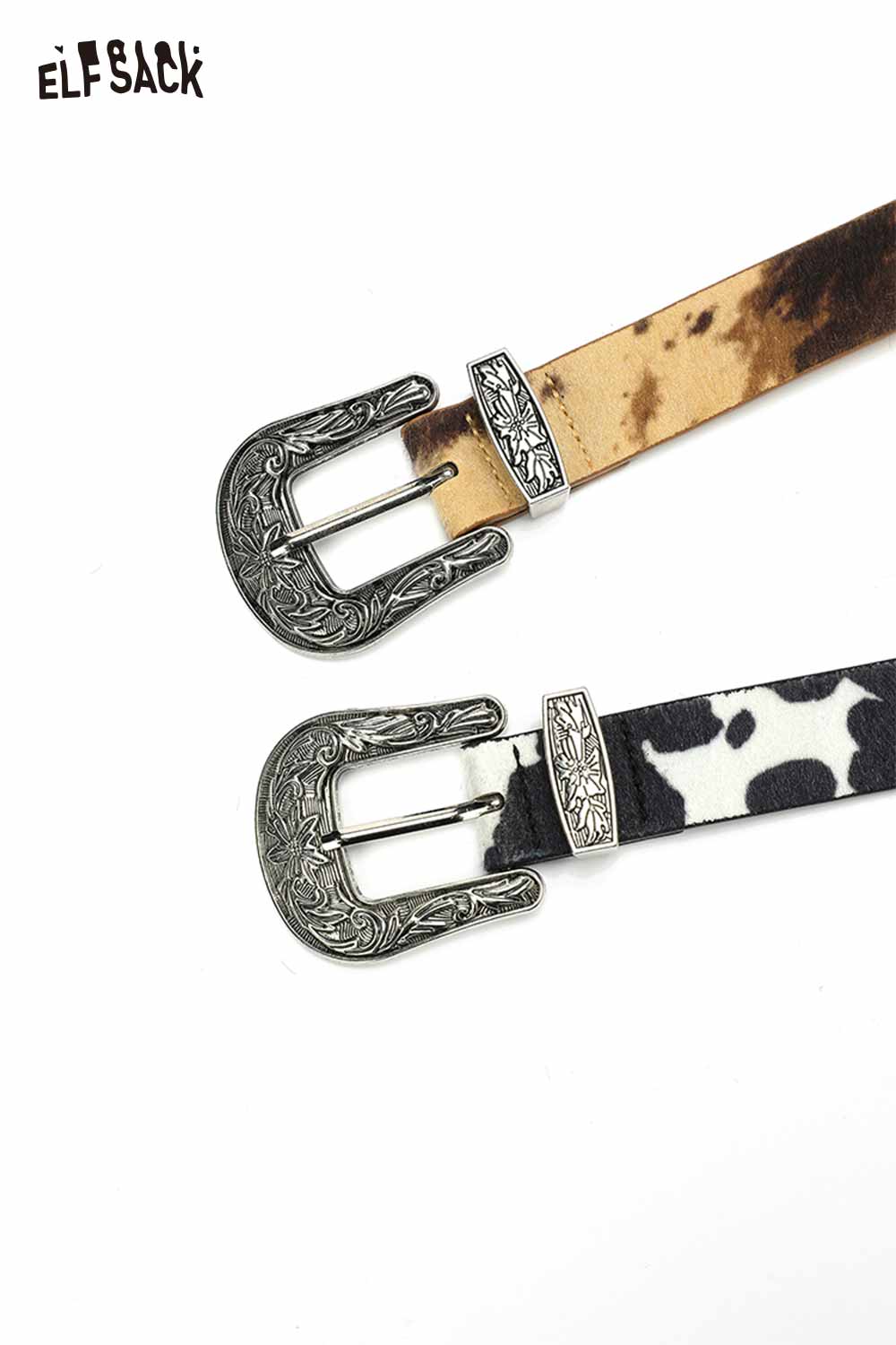 ELFSACK vegan leather cowhide pattern belt with decorative silver buckle for stylish outfits