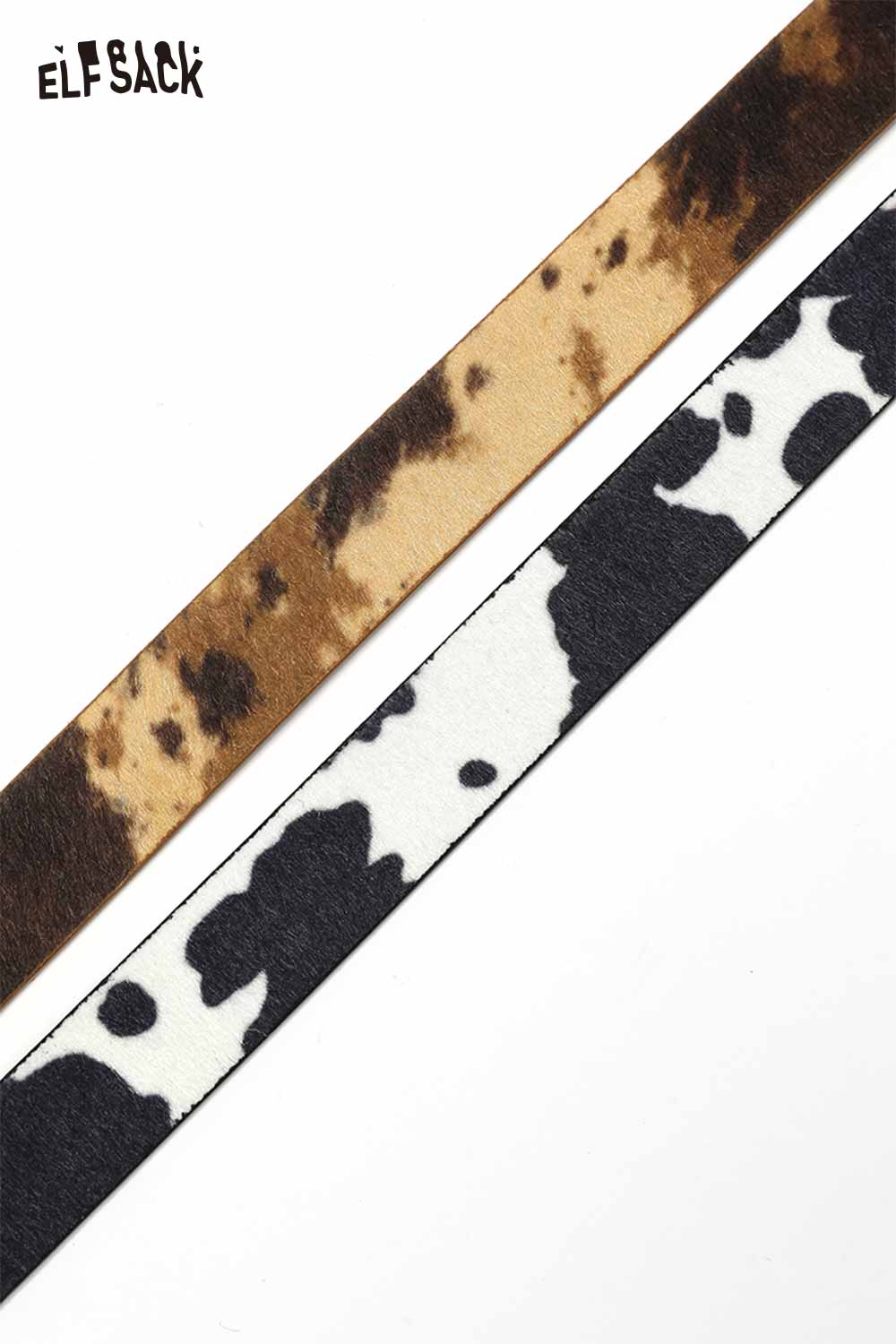 ELFSACK vegan leather cowhide pattern belt in brown and black with white spots for fashionable outfits
