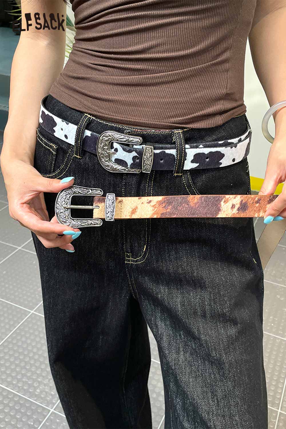 ELFSACK vegan leather cowhide pattern belt with a stylish buckle for fashionable outfits