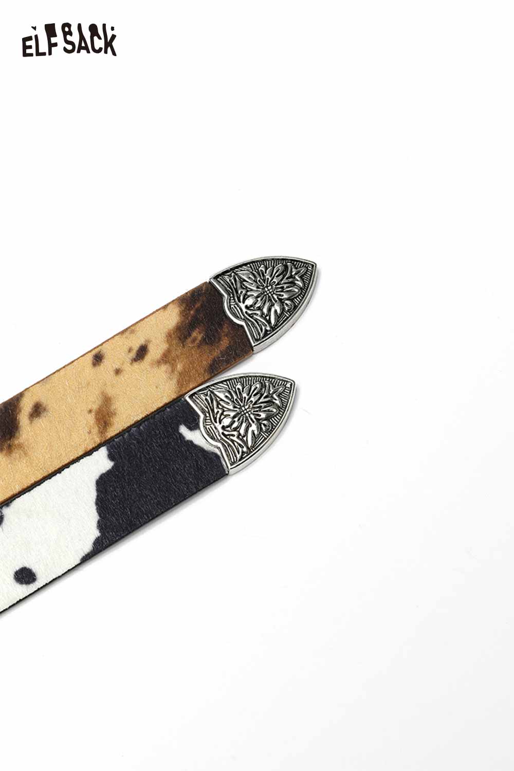 ELFSACK vegan leather cowhide pattern belt with decorative silver-tone tips for stylish outfits