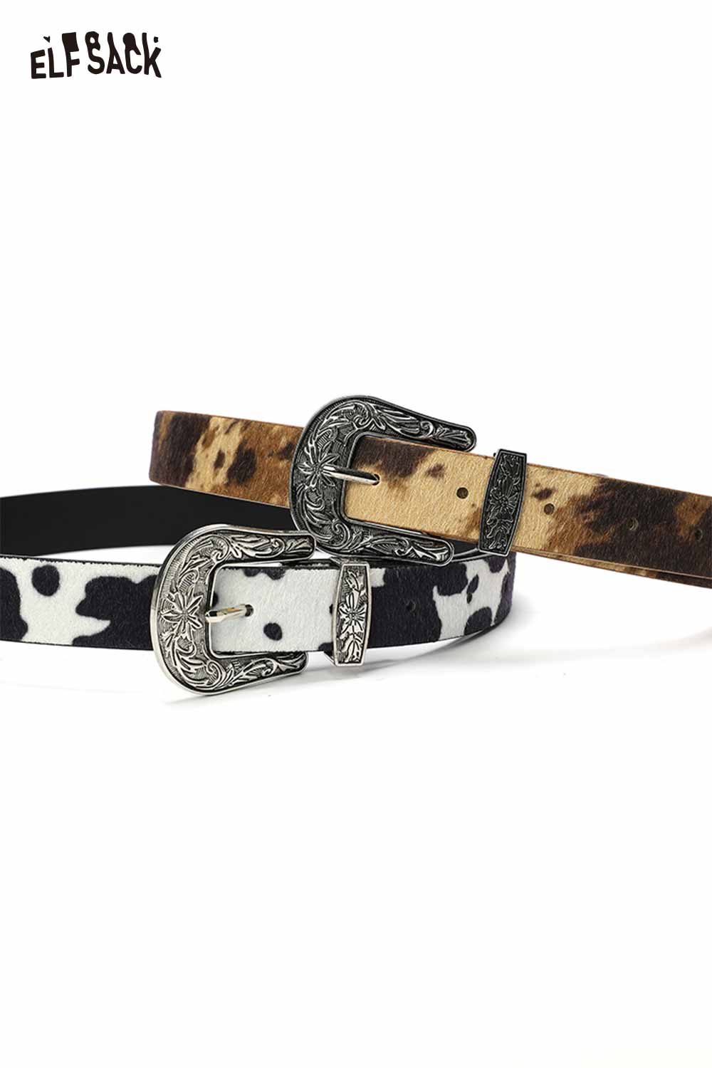 ELFSACK vegan leather cowhide pattern belt with stylish dual design and decorative buckles