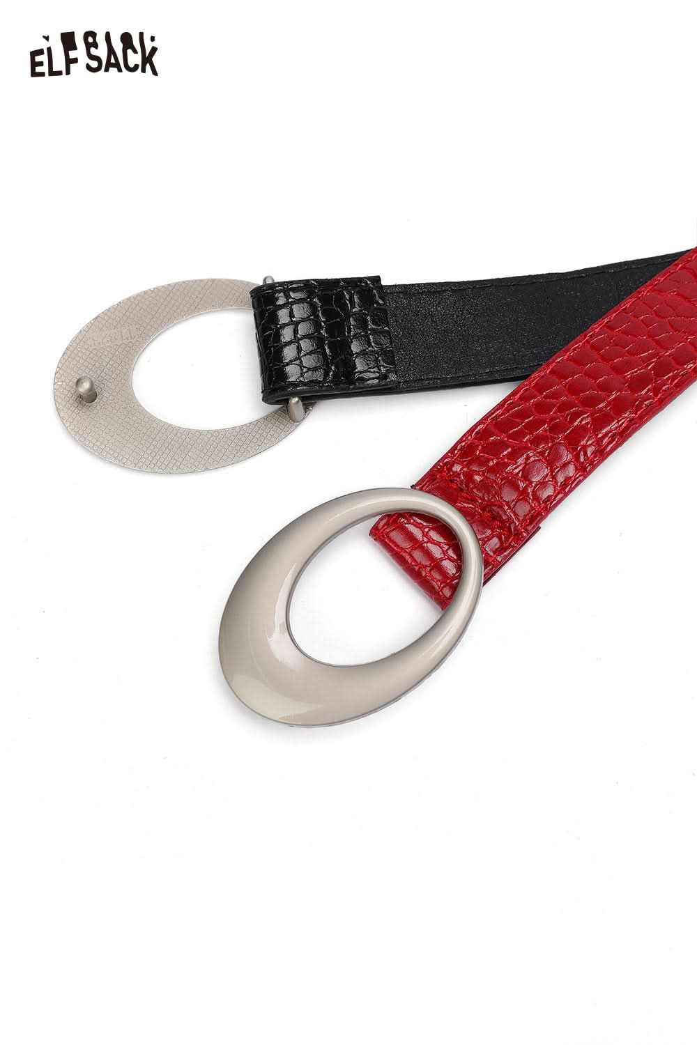 ELFSACK vegan leather croc-embossed belt in black and red with stylish oval buckles