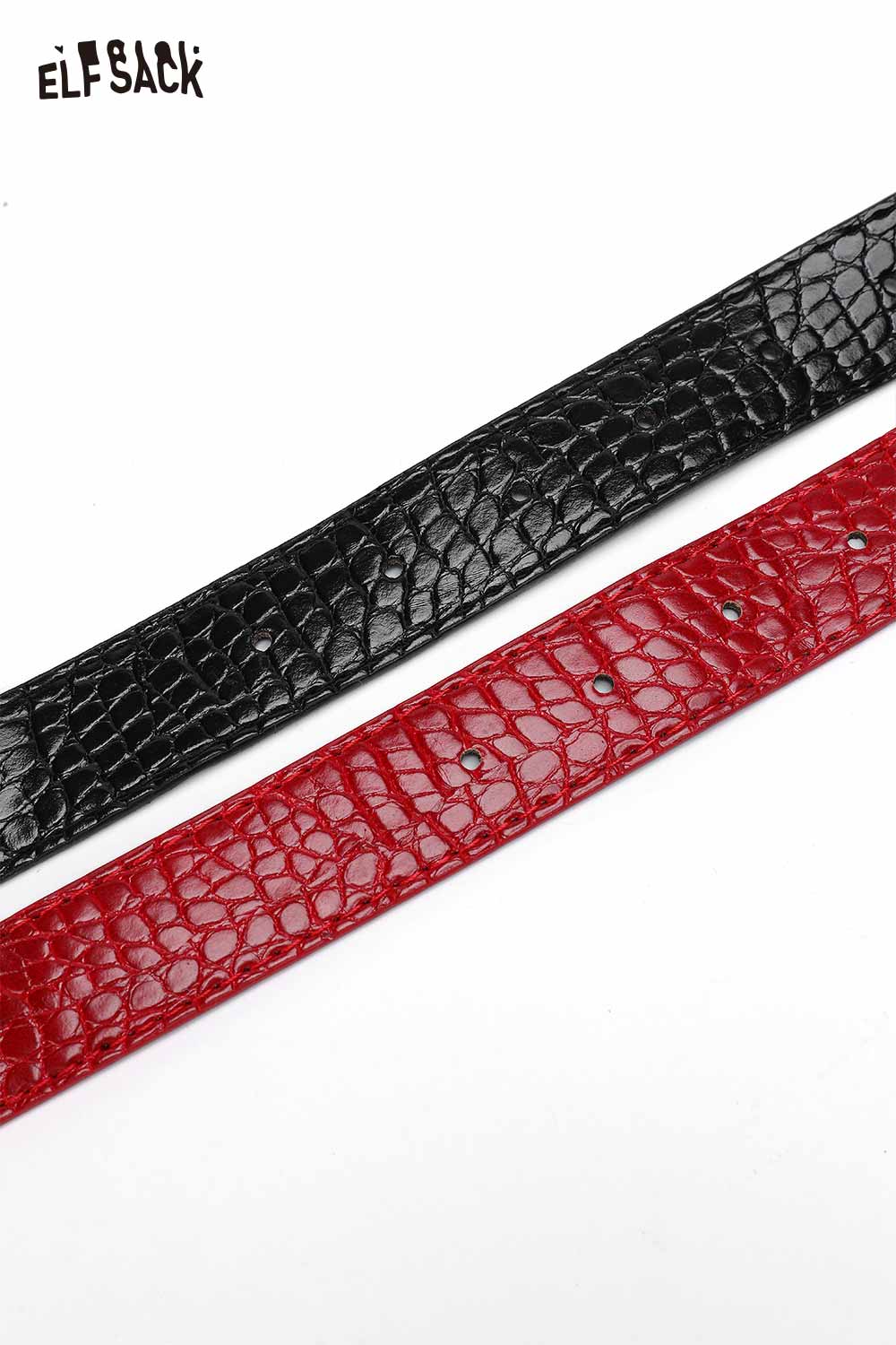 ELFSACK vegan leather croc-embossed belt set in red and black for stylish outfit accessorizing