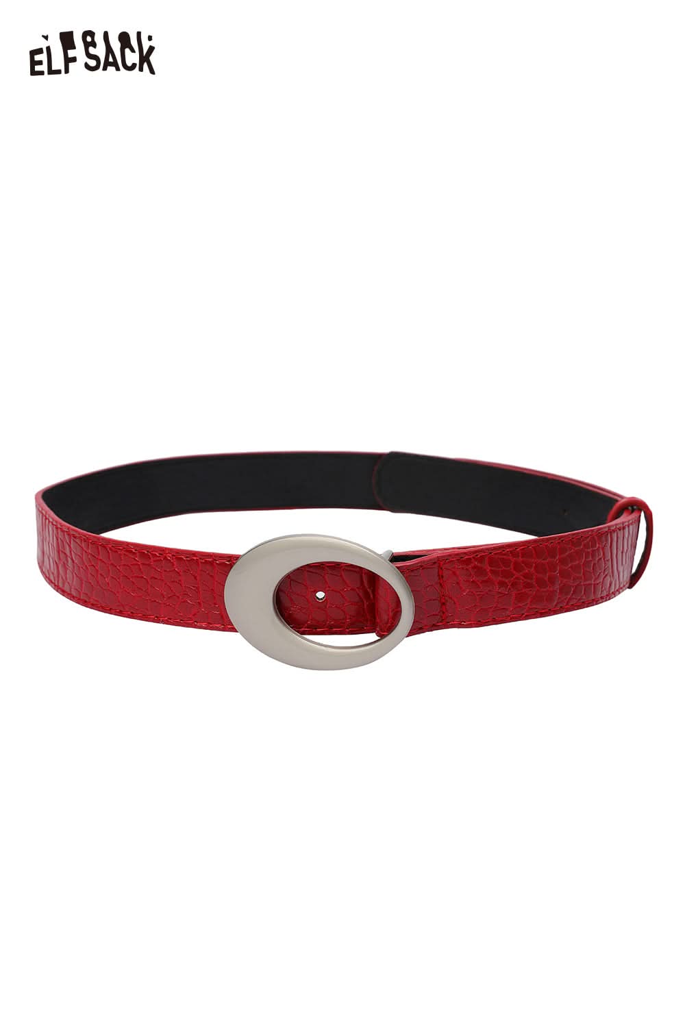 ELFSACK vegan leather croc-embossed belt in red with a silver buckle for stylish outfits