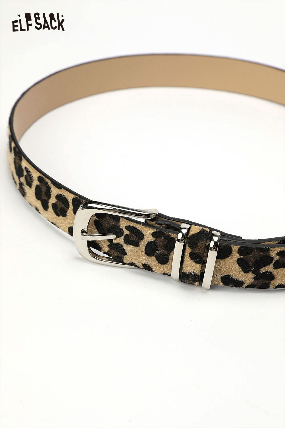 ELFSACK vegan suede animal print belt with a stylish leopard pattern and sleek silver buckle