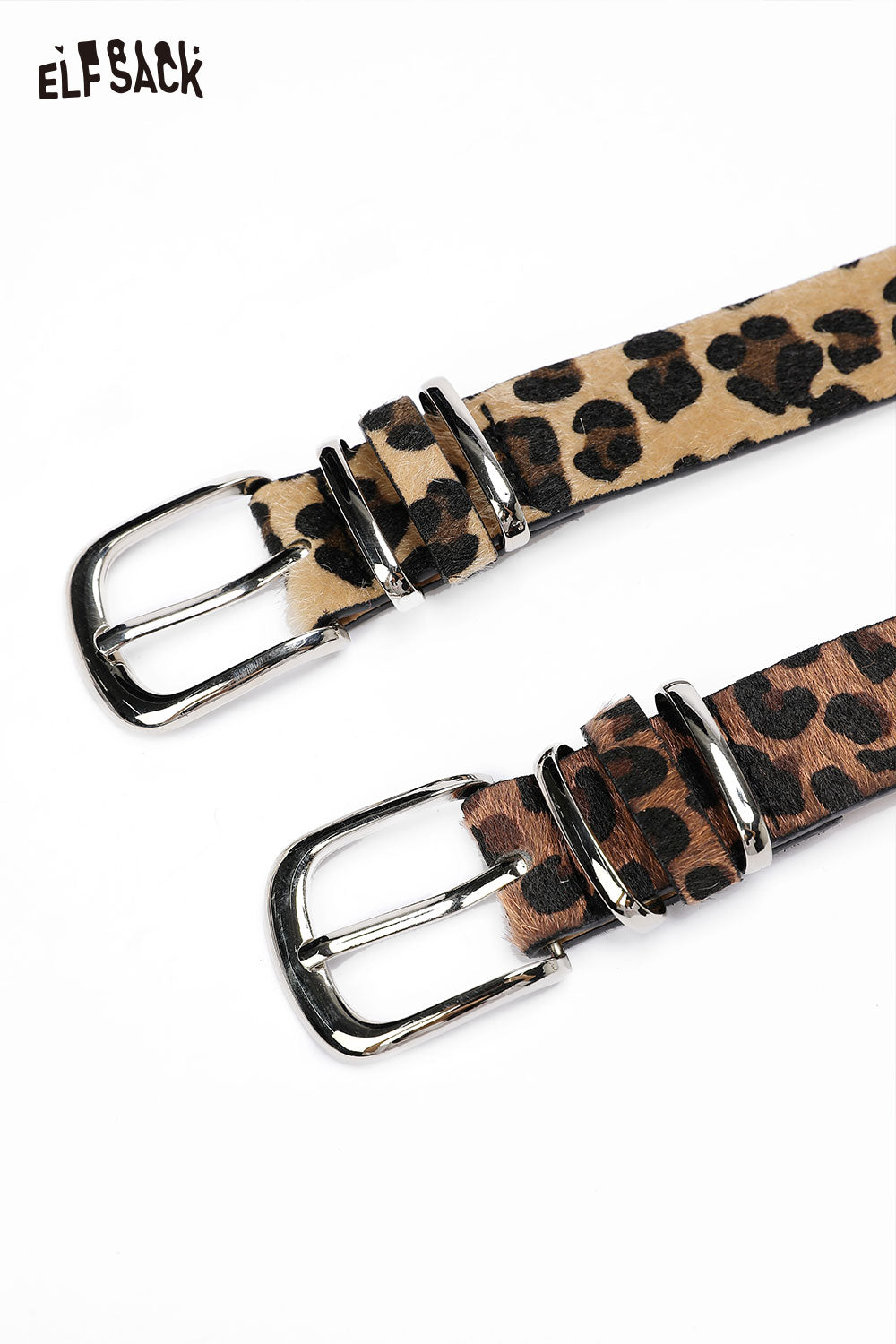 ELFSACK vegan suede animal print belt with double buckle design in beige and brown colors
