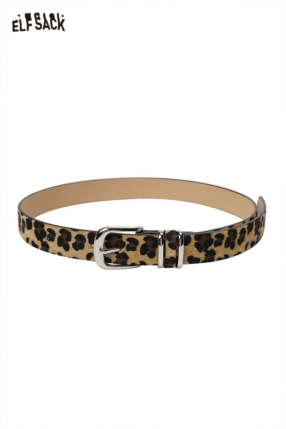 ELFSACK vegan suede animal print belt in leopard design with a sleek buckle closure