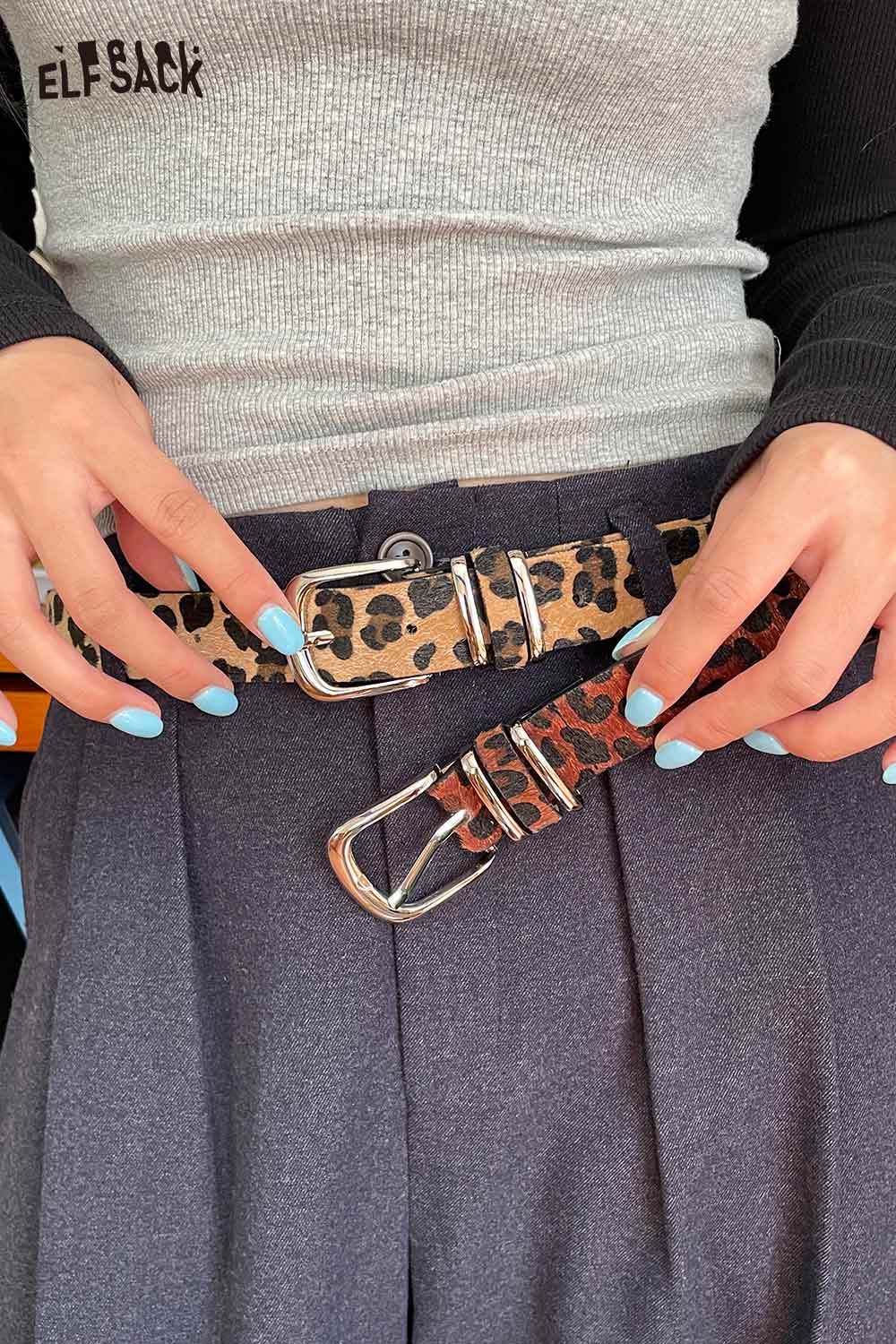 ELFSACK vegan suede animal print belt featuring a stylish leopard design with a classic buckle