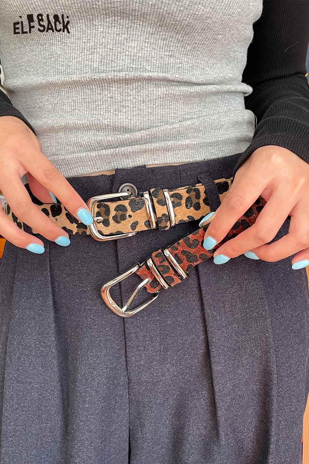 ELFSACK vegan suede animal print belt in leopard and rust designs for stylish outfits