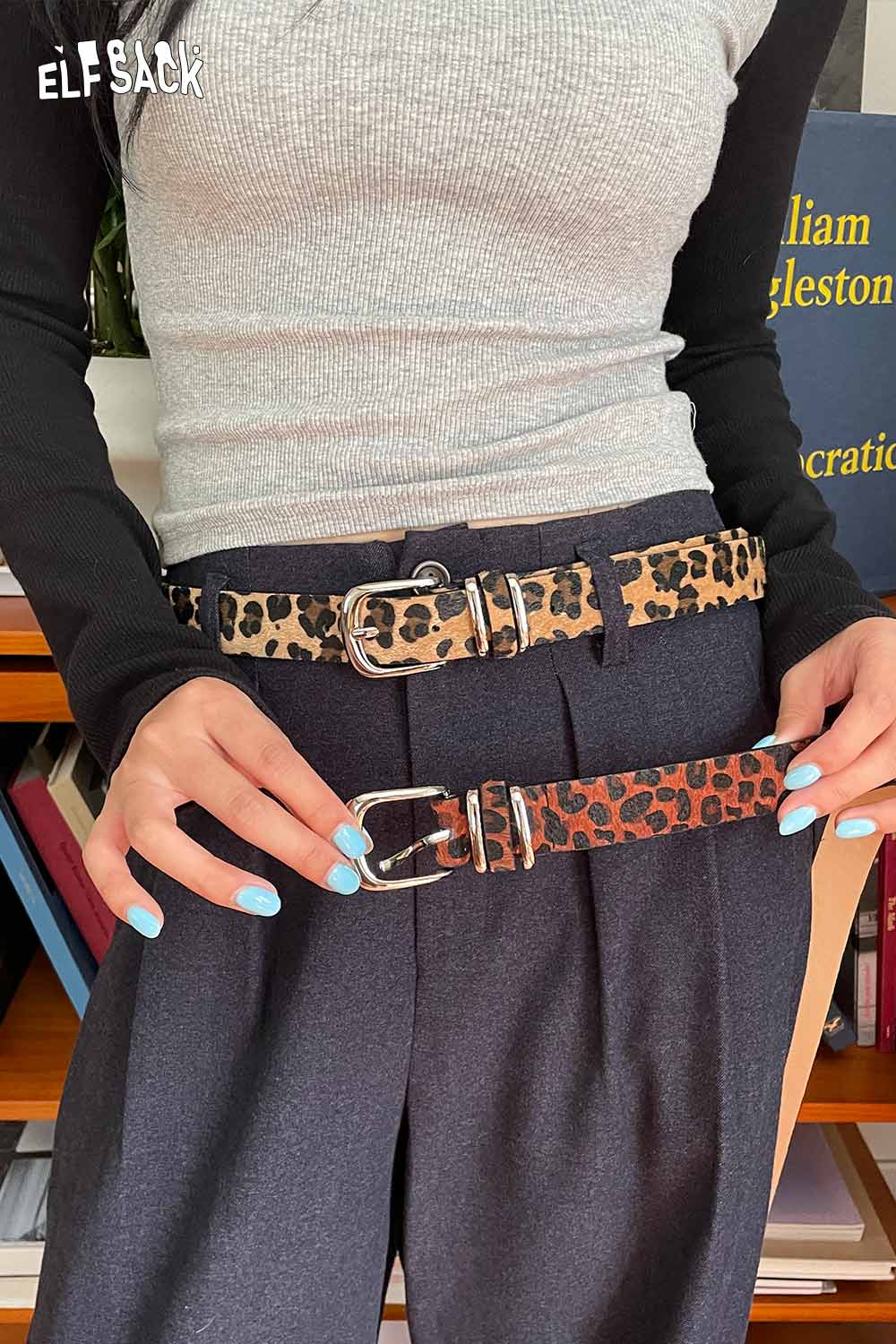 ELFSACK vegan suede animal print belt in two styles for trendy outfits and versatile fashion