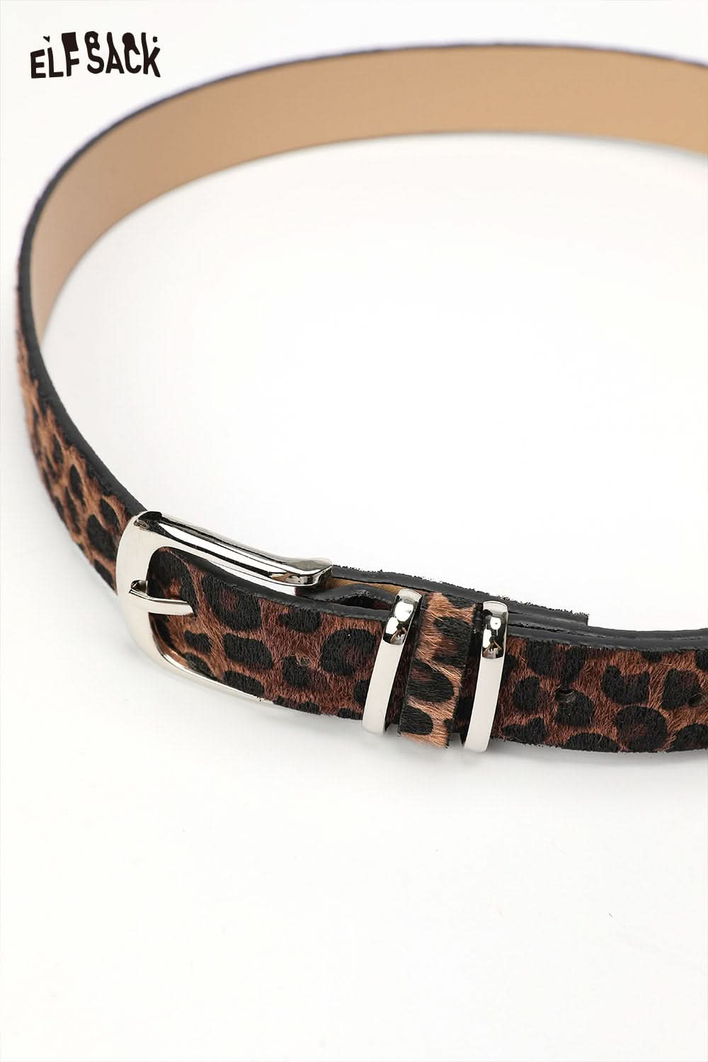 ELFSACK vegan suede animal print belt with a stylish leopard design and silver buckle for a chic look