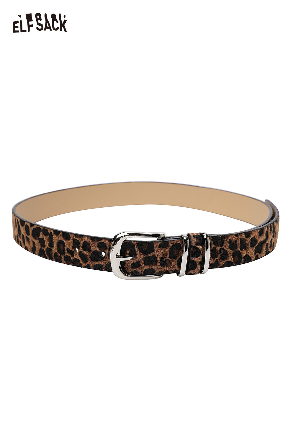 ELFSACK vegan suede animal print belt featuring a stylish leopard design with a silver buckle