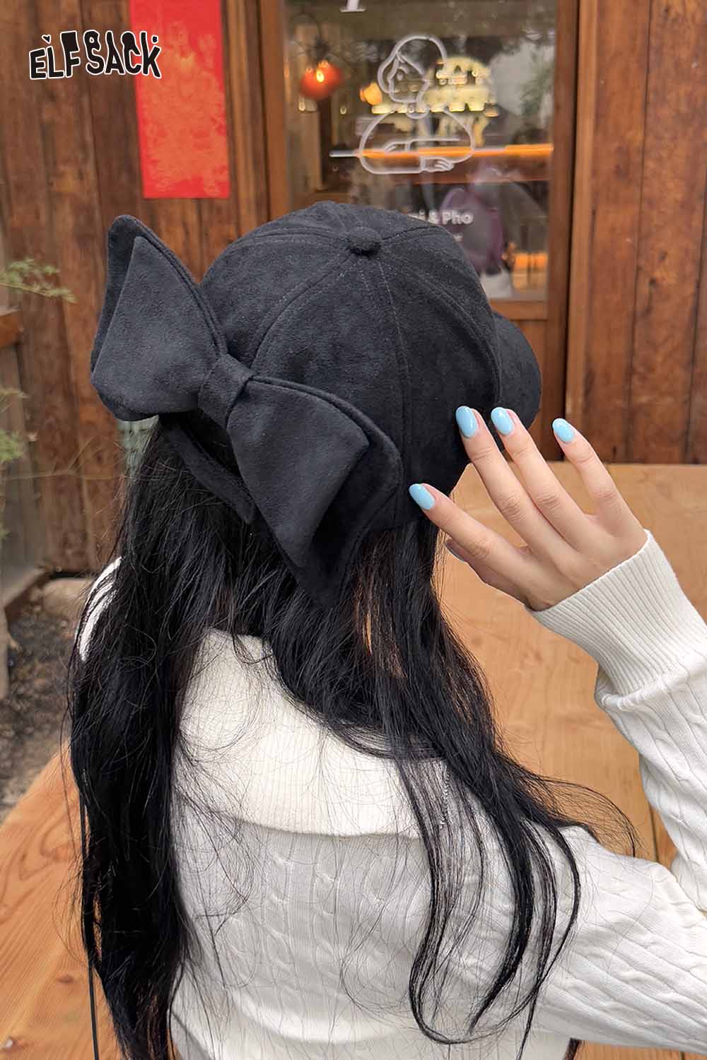 ELFSACK Velour Bow Baseball Cap in Black with Large Back Bow for Stylish Casual Outfits