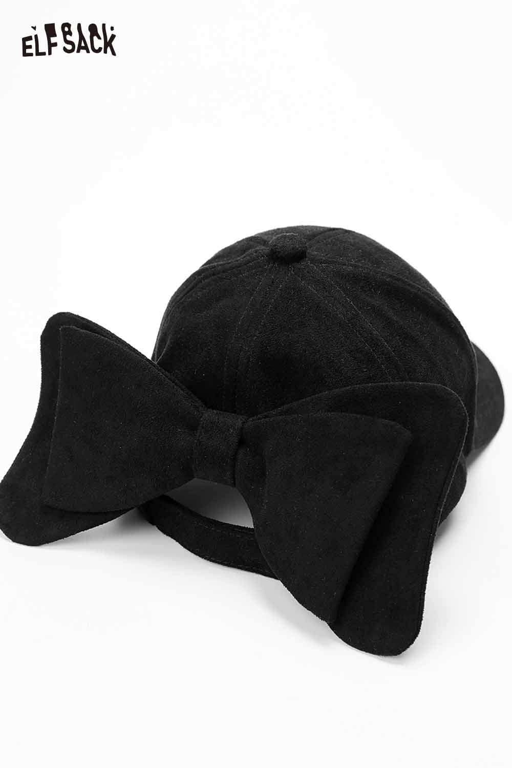 Black ELFSACK velour bow baseball cap featuring a large decorative bow on the back for a stylish look