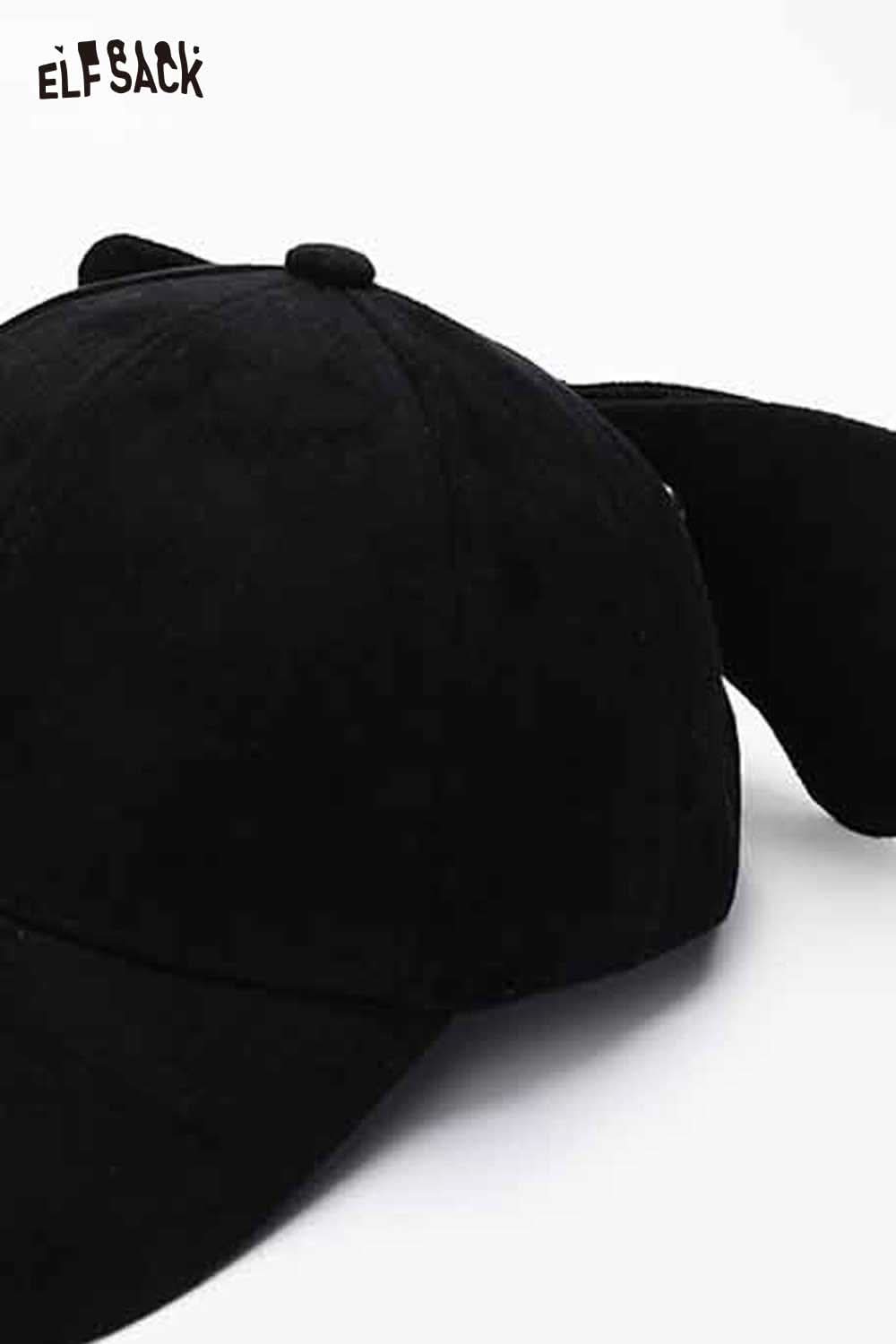 ELFSACK velour bow baseball cap in black with cute bunny ear design for a trendy look