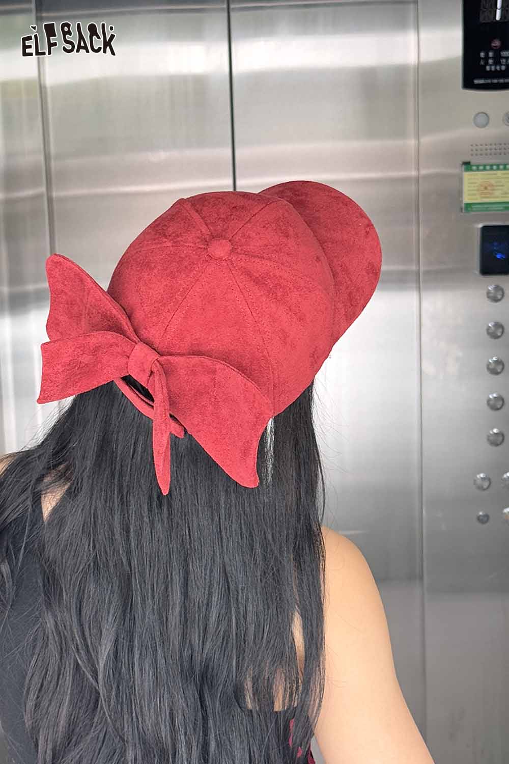 ELFSACK velour bow baseball cap in burgundy with a stylish bow detail at the back
