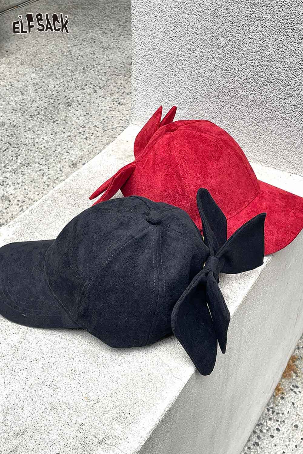 ELFSACK velour bow baseball cap in red and black colors for stylish casual wear