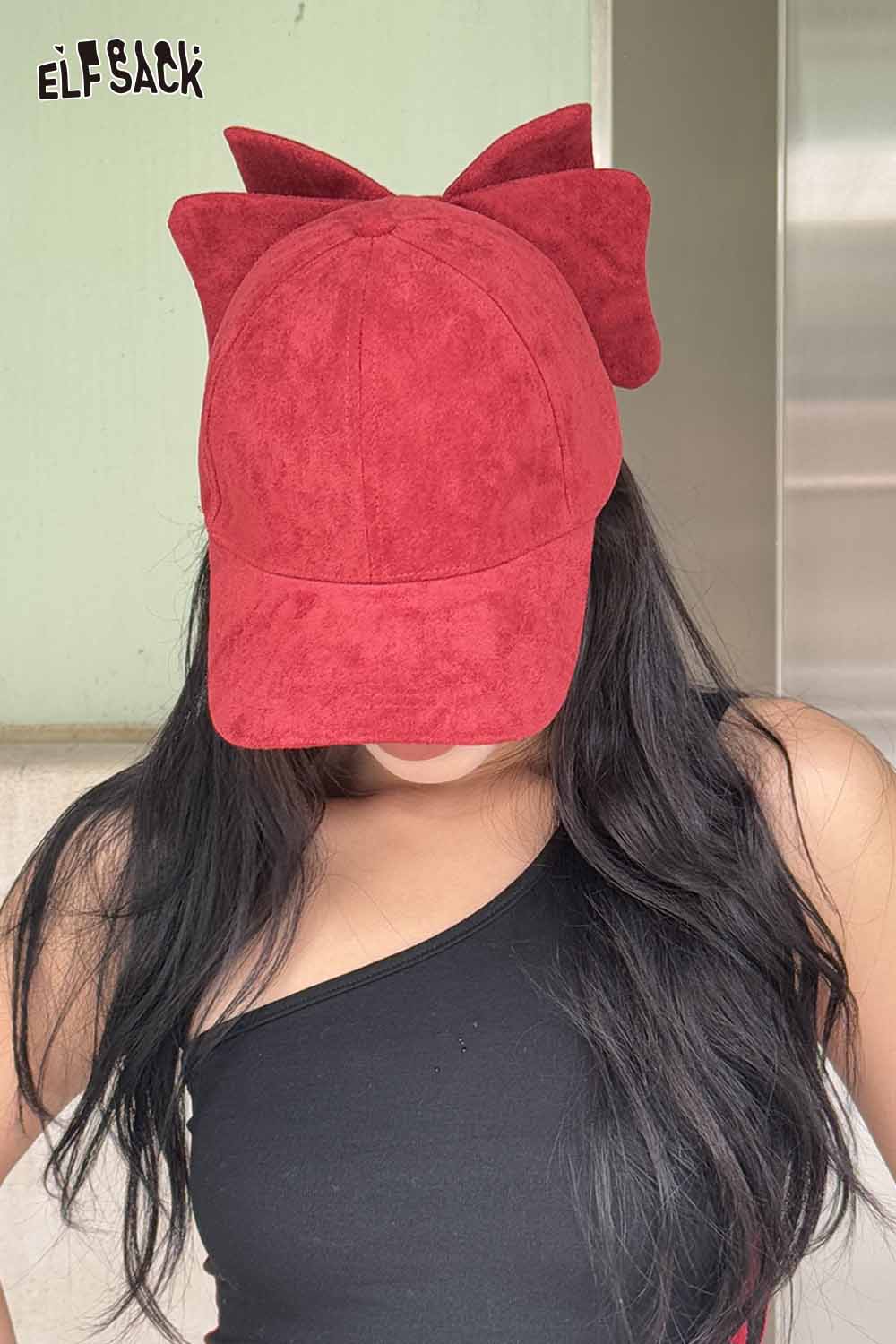 ELFSACK red velour bow baseball cap with a stylish bow design for trendy casual wear