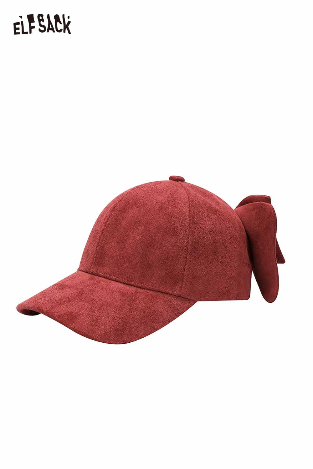 ELFSACK Velour Bow Baseball Cap in Burgundy with Soft Suede Finish for Trendy Style