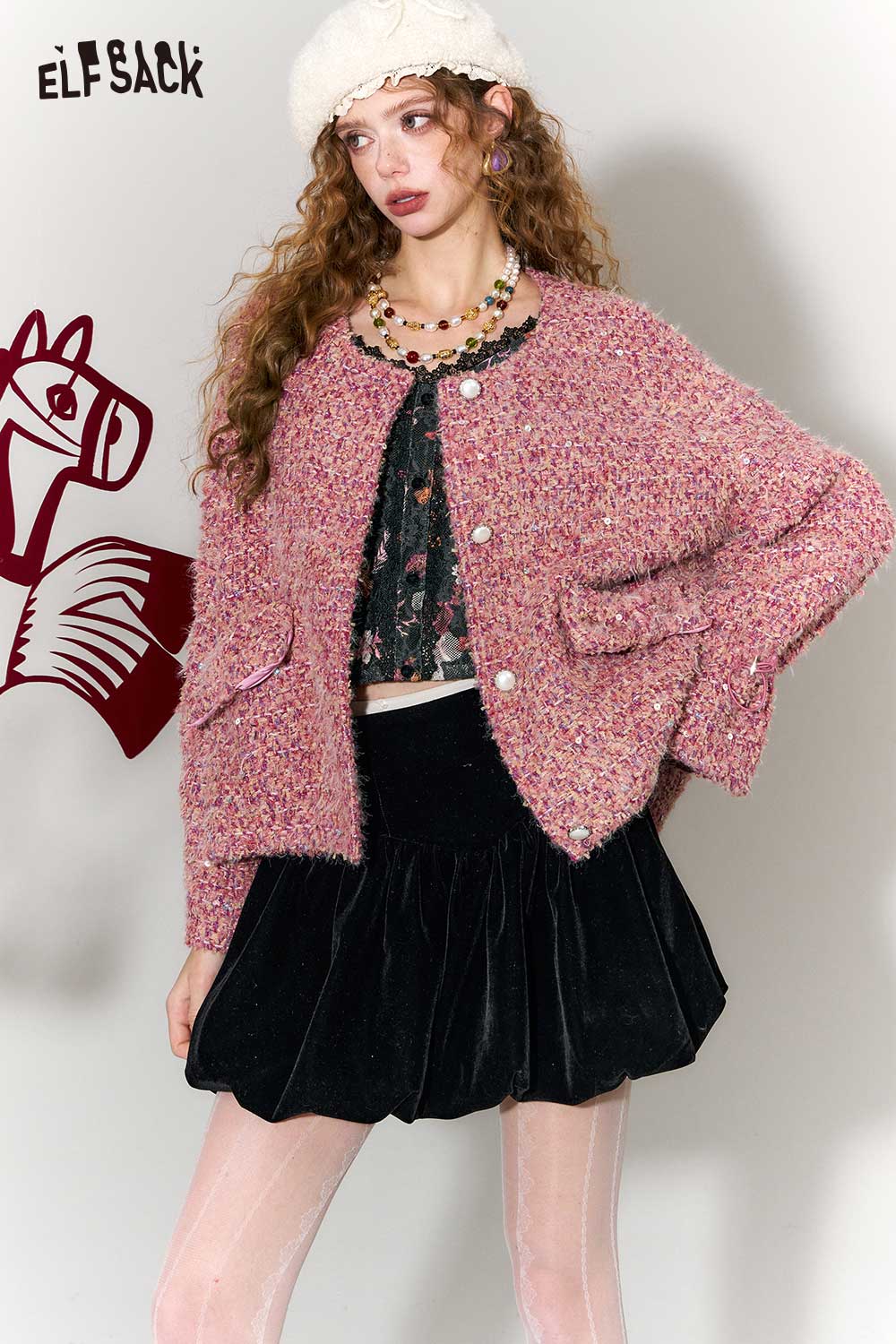 ELFSACK velvet floral bustier top paired with a pink cardigan and black skirt for a trendy outfit