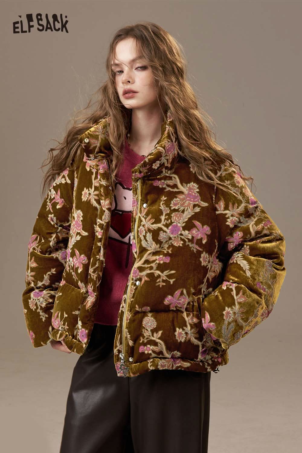 ELFSACK velvet quilted puffer jacket in floral print for stylish and warm winter layering