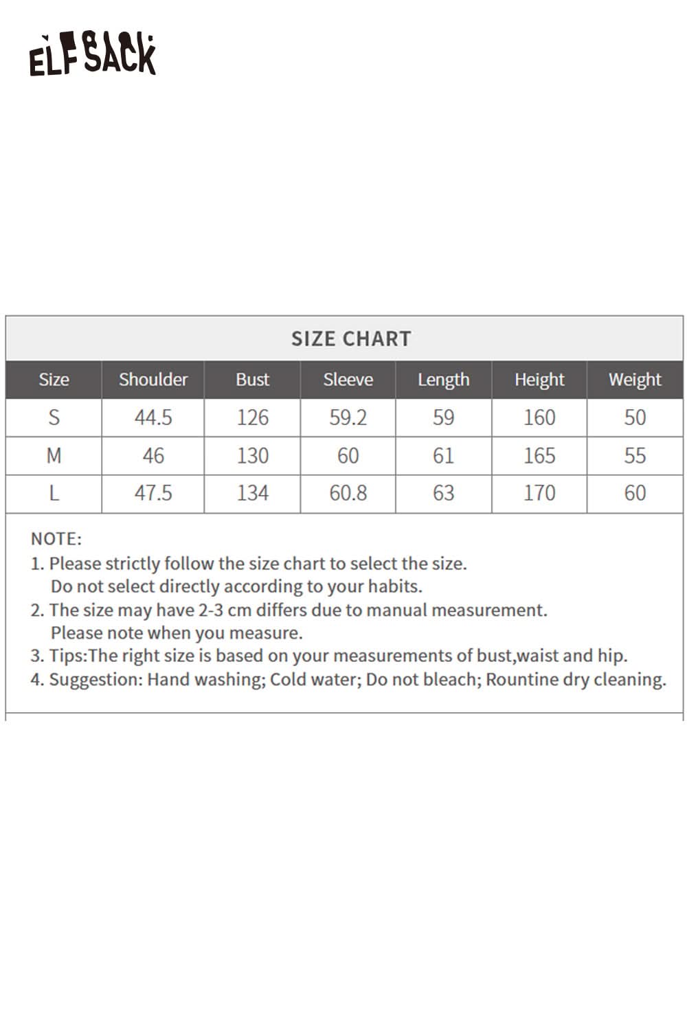 ELFSACK velvet quilted puffer jacket size chart with measurements for S, M, and L sizes