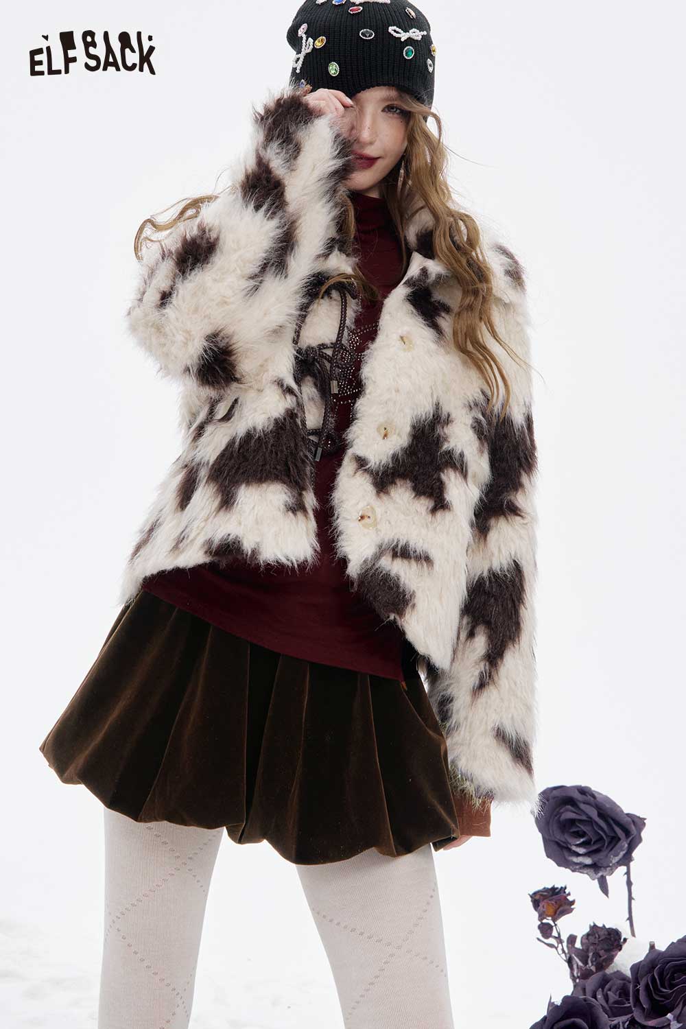 Stylish ELFSACK velvet short skirt for women paired with a chic faux fur jacket