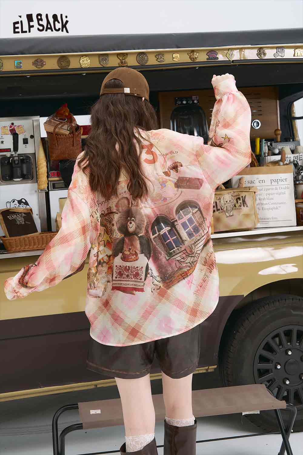 ELFSACK women wearing pink plaid all over print long sleeve shirt with teddy bear and heart window back design