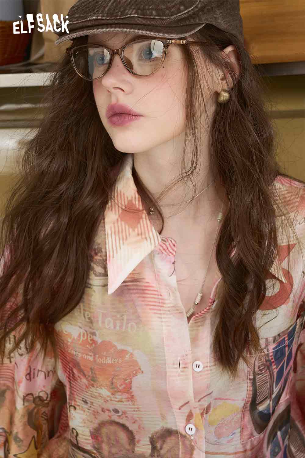 ELFSACK womens all over print long sleeve shirt pastel collage button up worn by model with glasses and cap