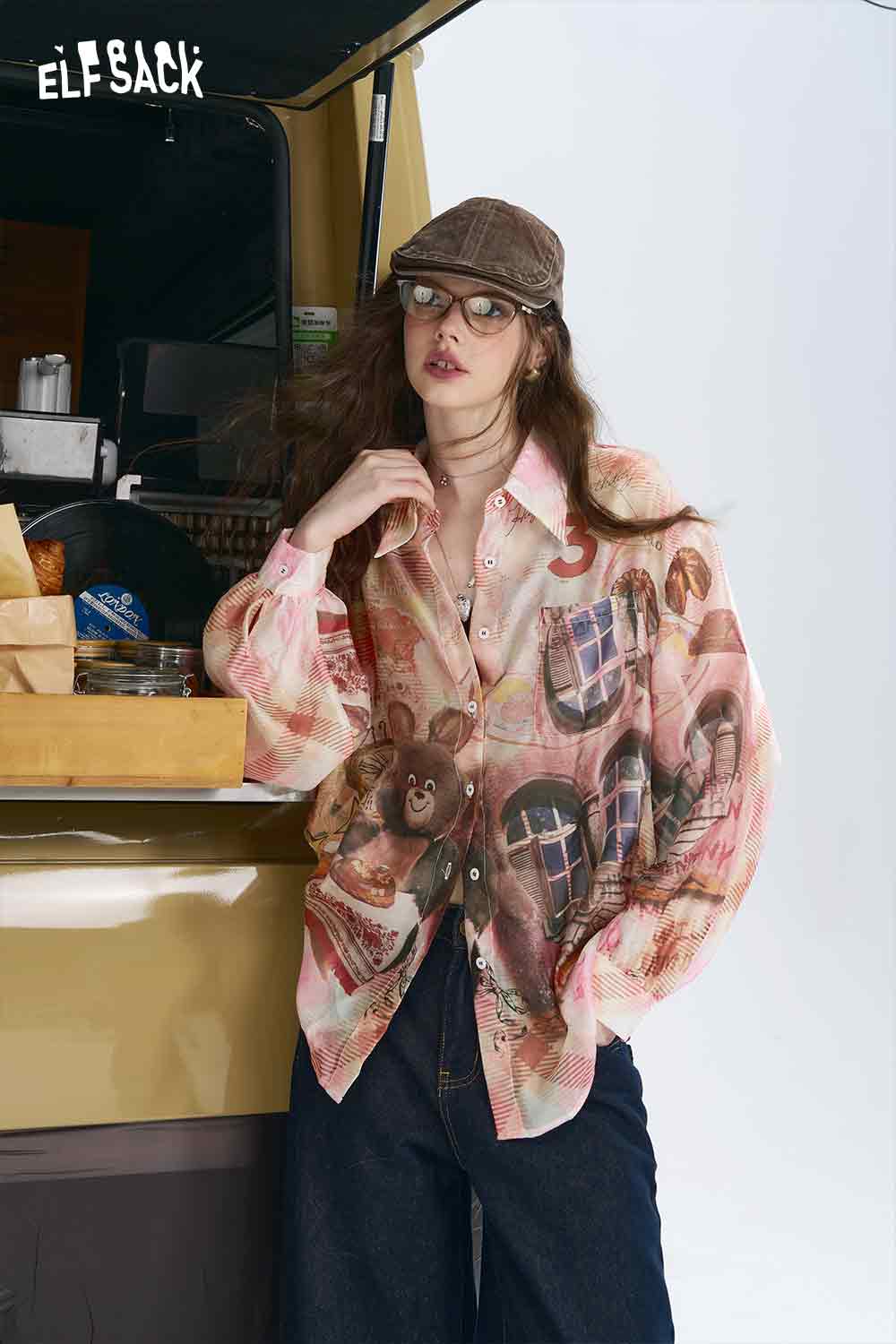 ELFSACK women all over print long sleeve shirt pink teddy plaid pattern on model