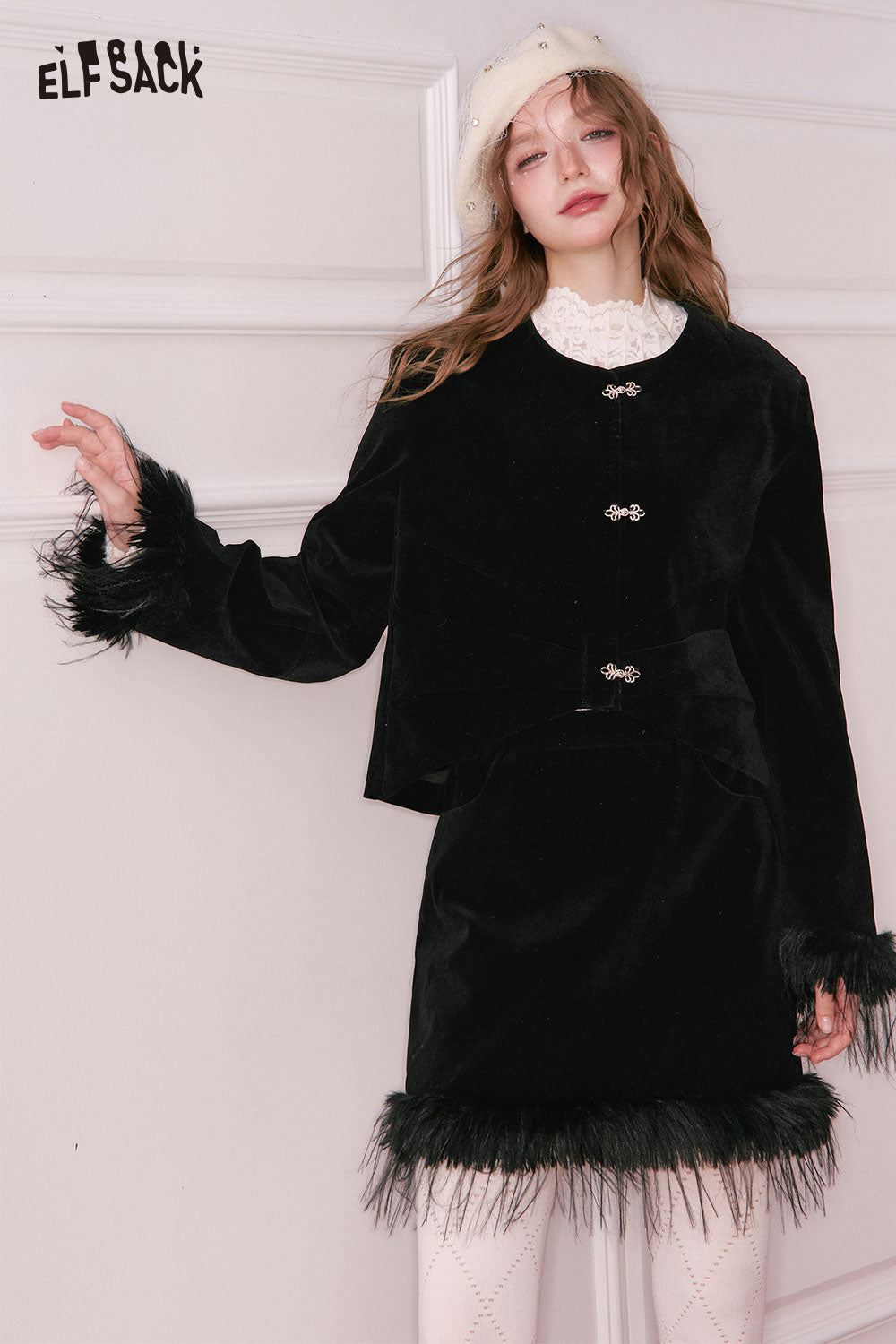 ELFSACK Black Velvet Jacket and Skirt Set with Feather Trim for Stylish Winter Outfits