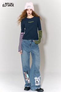 ELFSACK Color-Blocking Asymmetrical Stripe Sleeve Long Sleeve T-Shirt