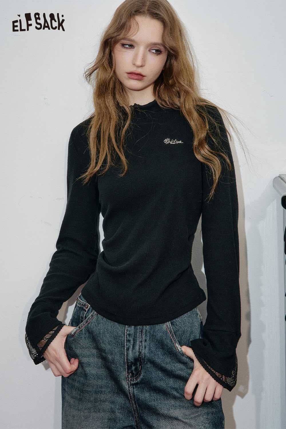 ELFSACK contrast lace knit top for women in black with stylish long sleeves and unique detailing