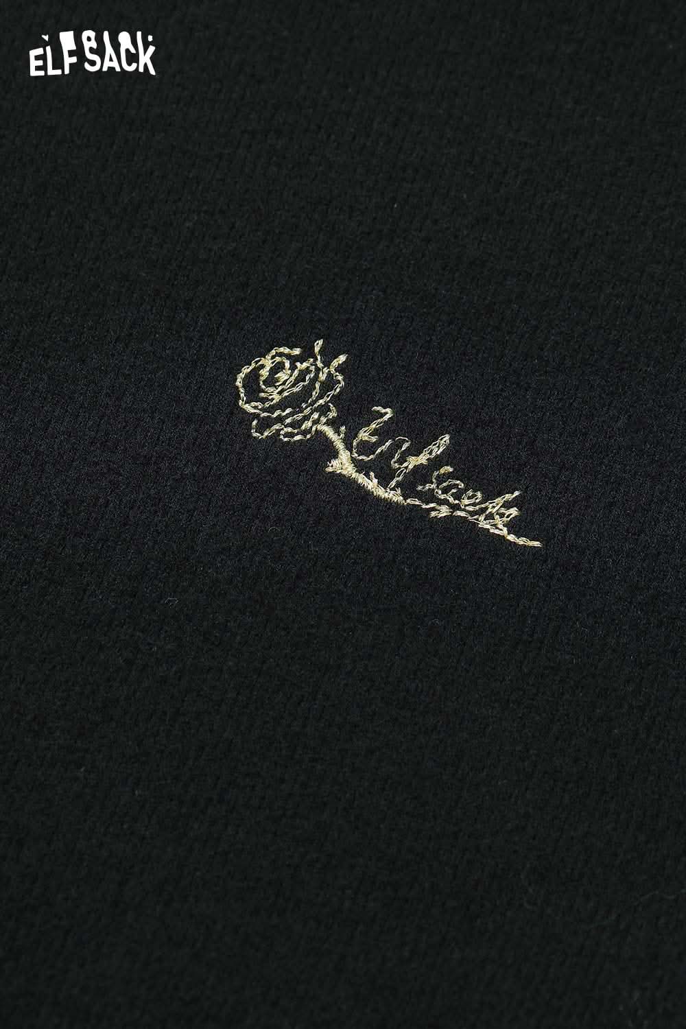 ELFSACK contrast lace knit top for women featuring a floral embroidered design on a black background