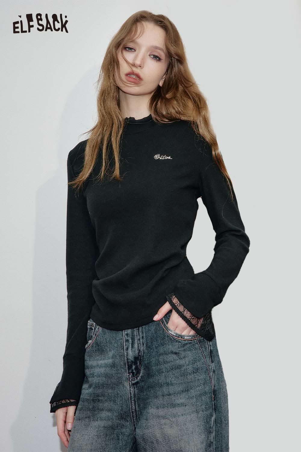 ELFSACK contrast lace knit top for women in black with long sleeves and delicate lace details