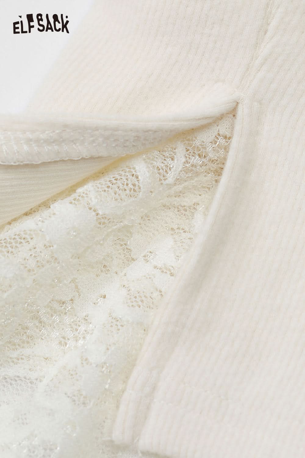 Close-up of ELFSACK contrast lace knit top for women showcasing intricate lace detailing