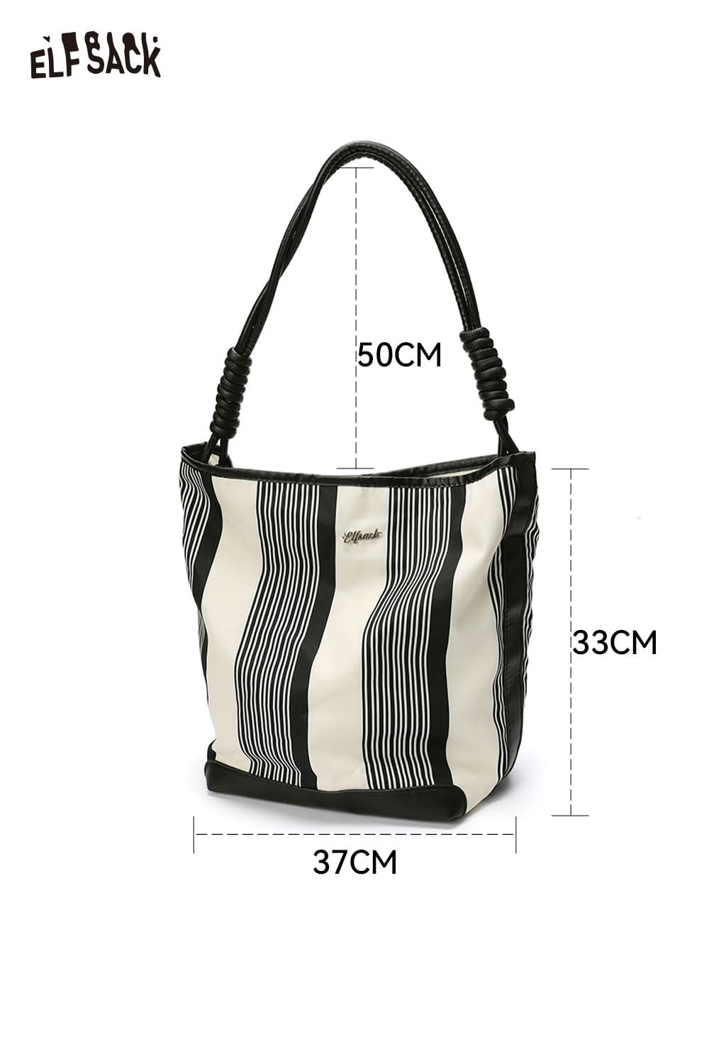 ELFSACK contrast stripe canvas tote bag featuring stylish black and white stripes with a spacious design