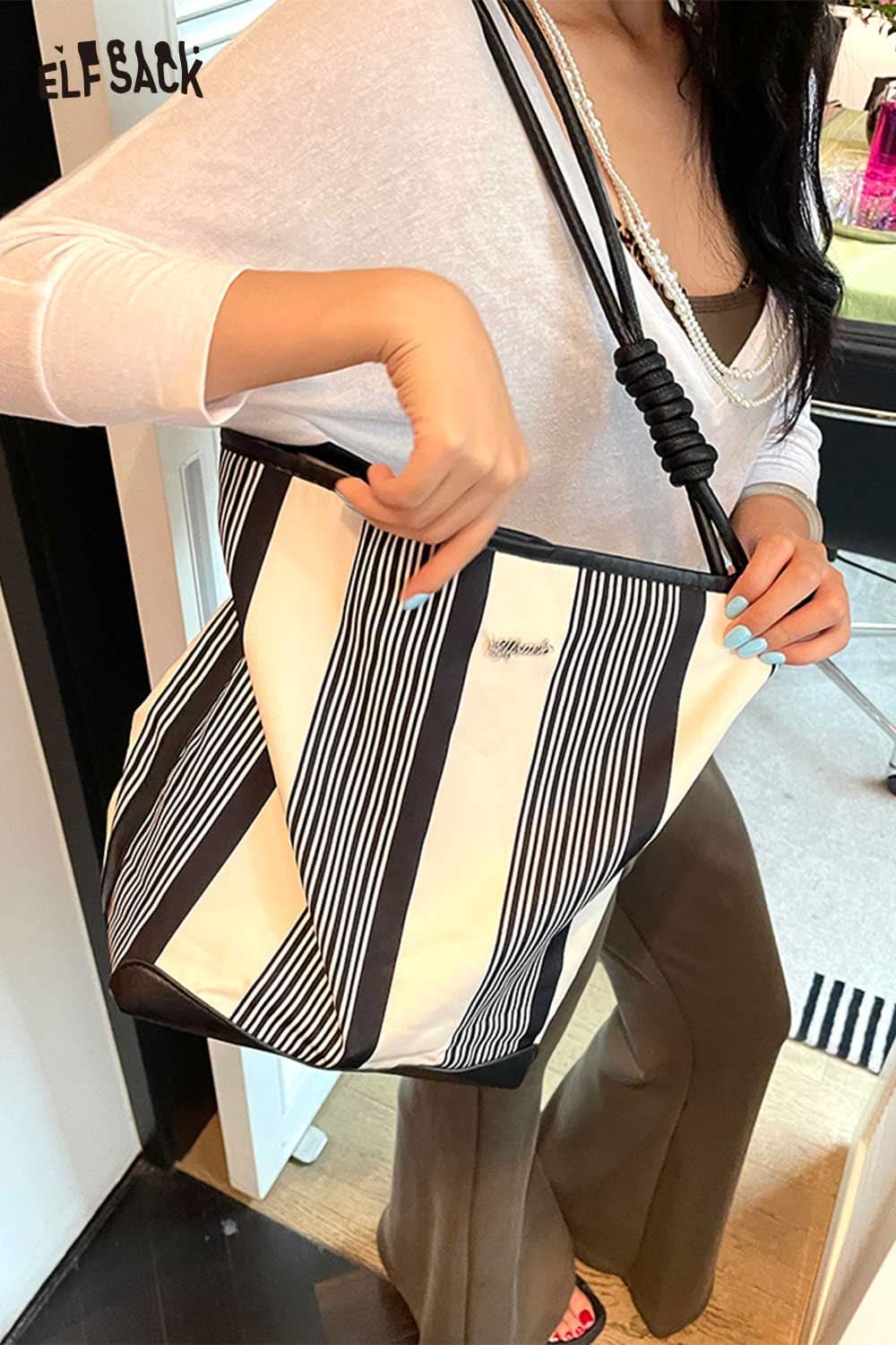 ELFSACK contrast stripe canvas tote bag with stylish black and white stripes for everyday use