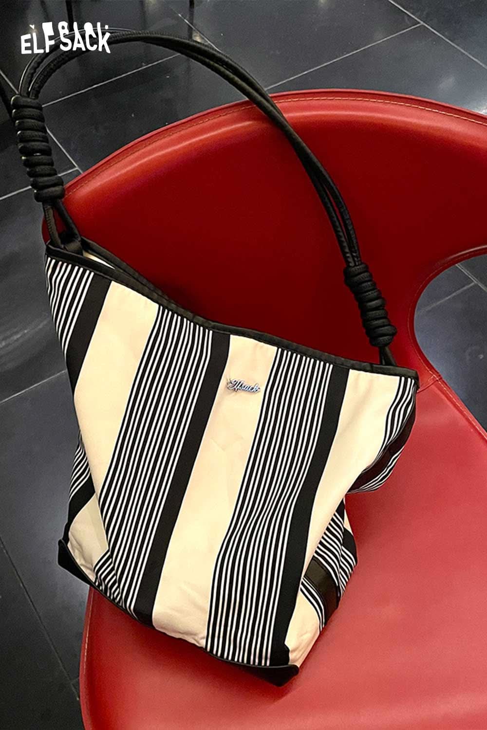 ELFSACK contrast stripe canvas tote bag with a stylish design and comfortable handle