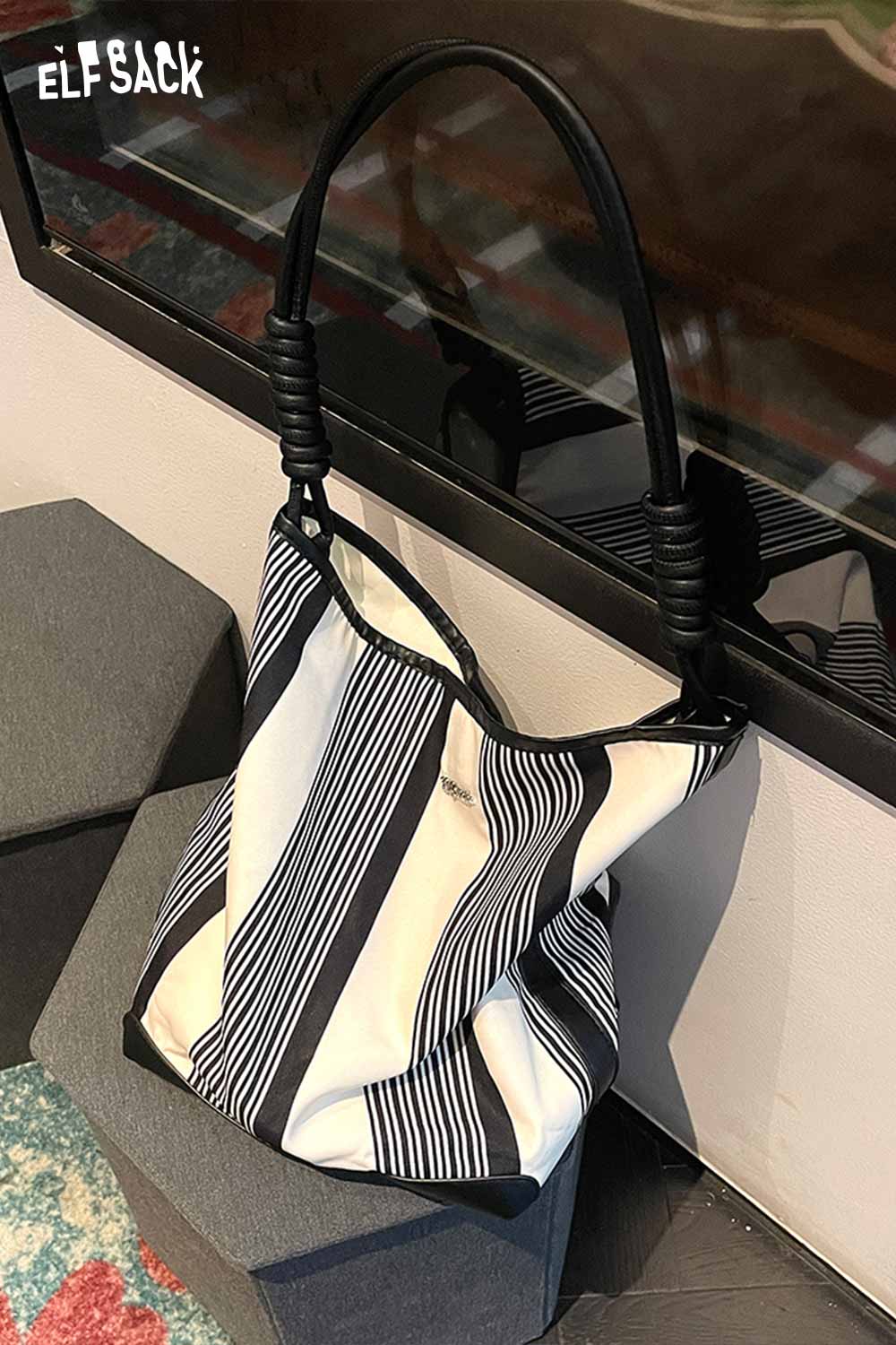 ELFSACK contrast stripe canvas tote bag with stylish black and white stripes for everyday use