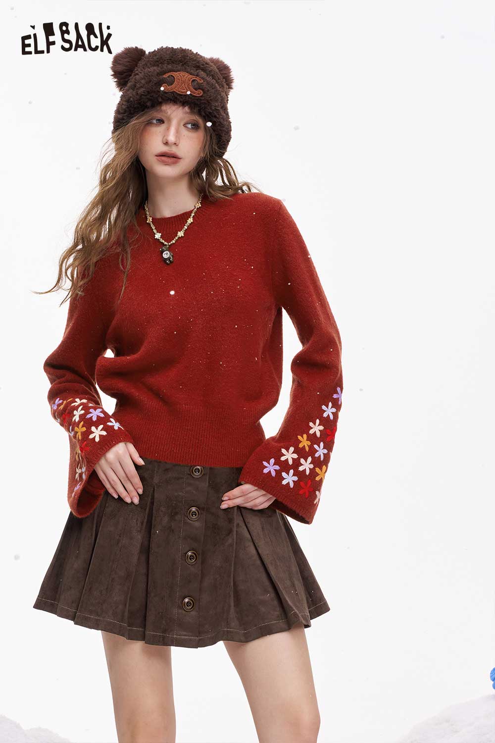 ELFSACK cropped floral sleeve sweater in red with colorful flower patterns on sleeves