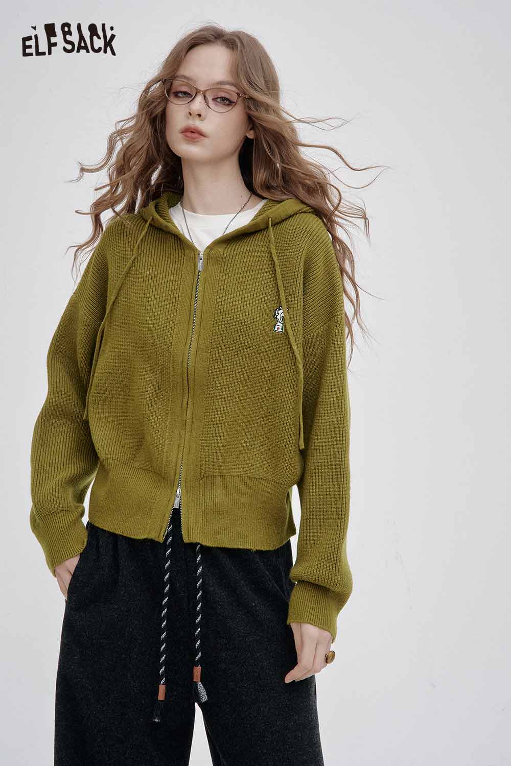 ELFSACK crown embroidered knit sweater in olive green with a cozy zip-up design and hood