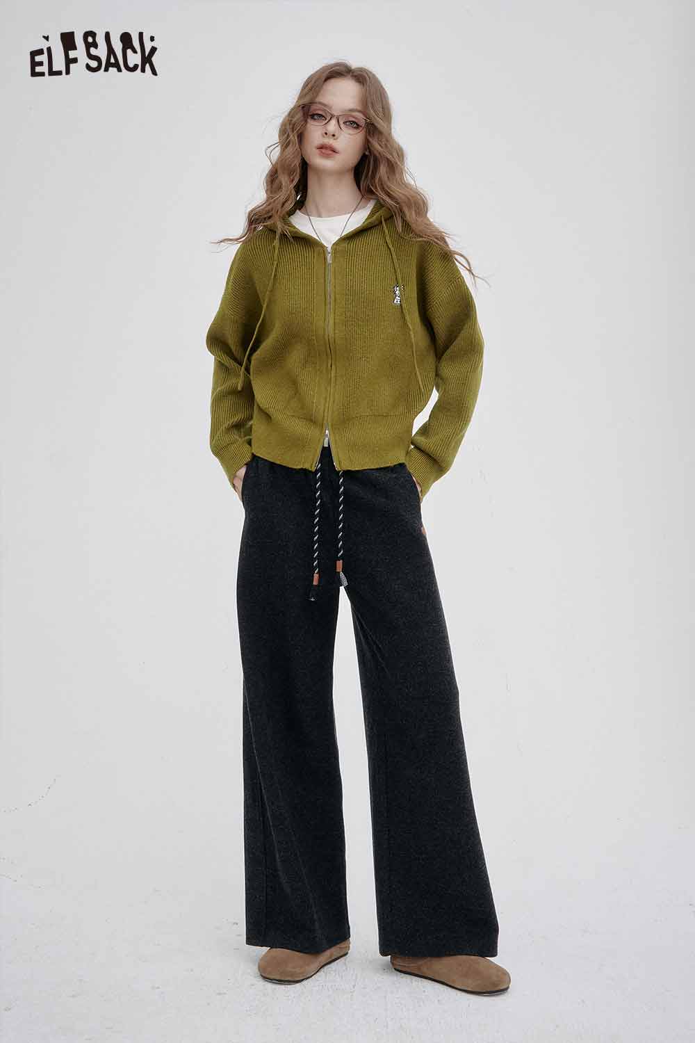 ELFSACK crown embroidered knit sweater in olive green with a stylish zip-up design