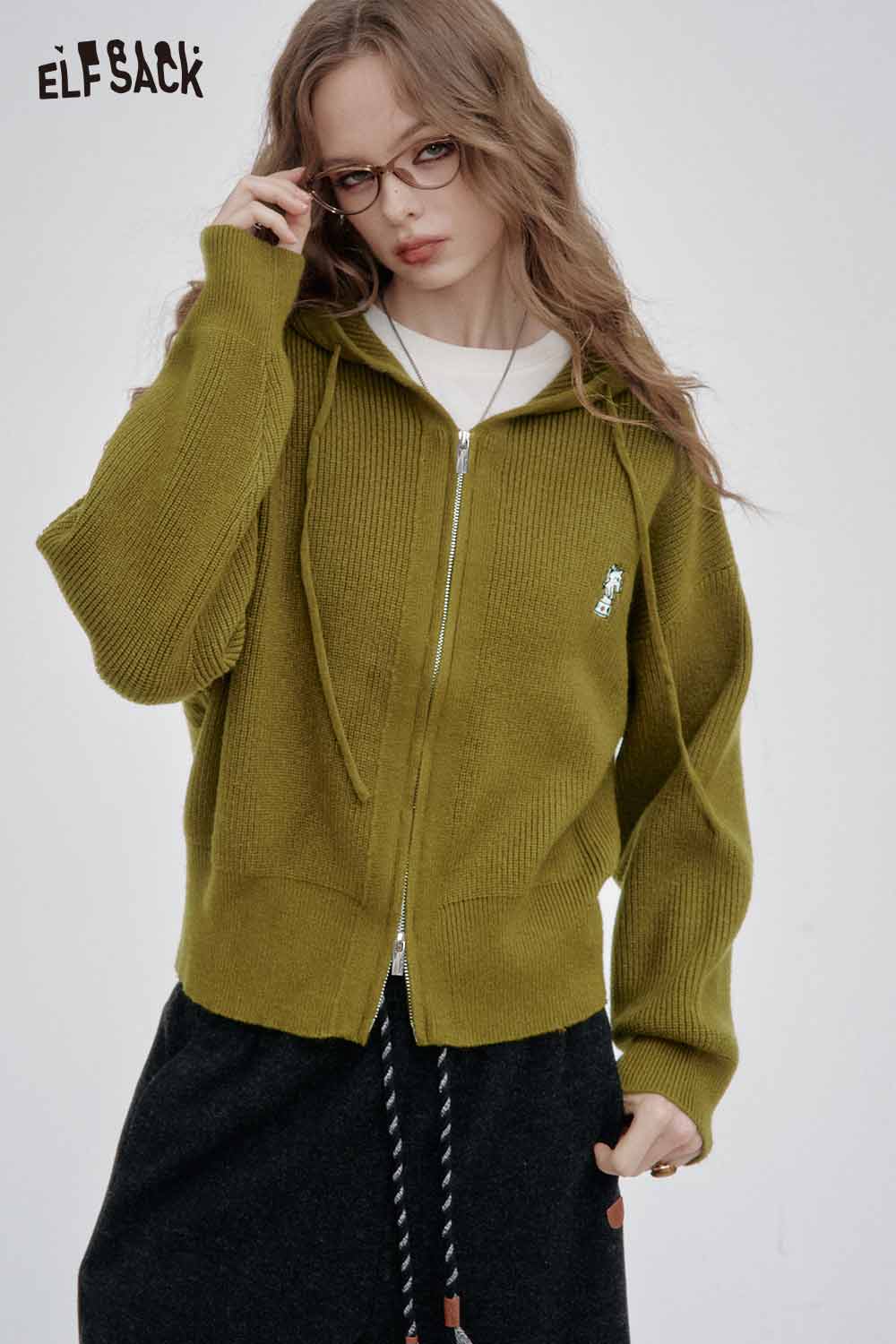 ELFSACK crown embroidered knit sweater in olive green with a zip-up design and cozy fit