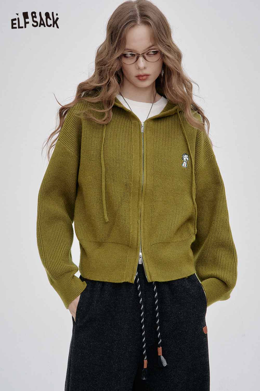 ELFSACK crown embroidered knit sweater in olive green with a zip front and hood detail