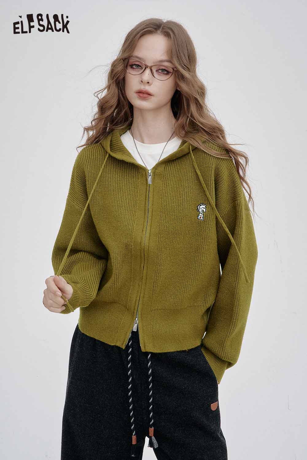 ELFSACK crown embroidered knit sweater in olive green featuring a zip-up design and cozy fit