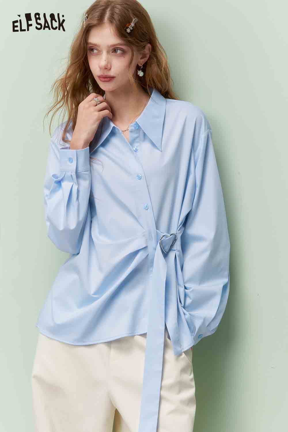 Light blue heart button waist shirt for women by ELFSACK with oversized fit and stylish design